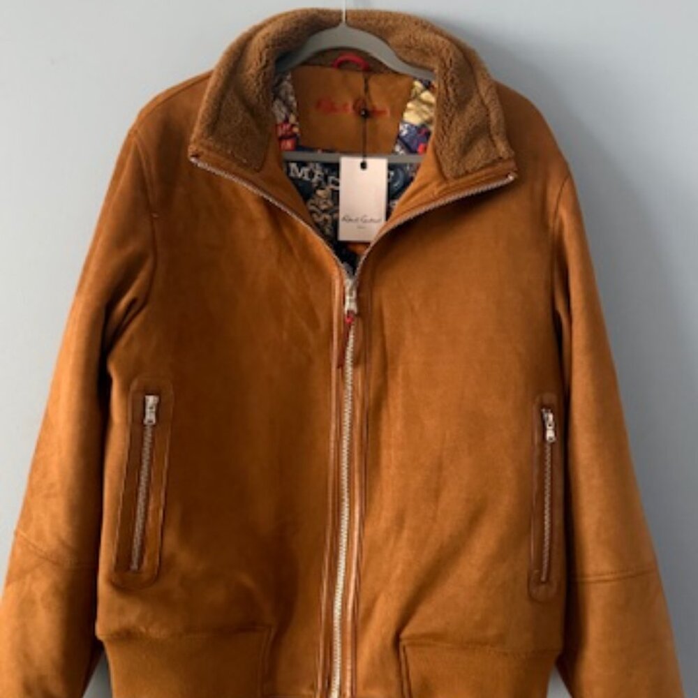 Robert Graham Vegan Suede Full Zip Bomber Jacket Mens Medium Tan Brown Art NEW - Picture 2 of 9